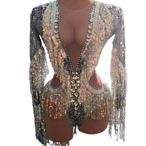 Glamorous Sequin Bodysuit with Fringe